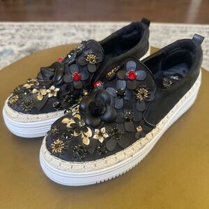 Floral Embellished Black Slip-On Sneakers Saks Black Gold Red Jewels Platform